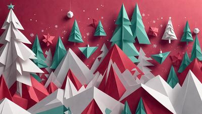 The primary subject of the image is a mountainous landscape with a red and green color scheme. The setting is a snowy mountain range, and the visual style is a combination of digital art and illustration. The dominant colors are red and green, creating a vibrant and lively atmosphere.